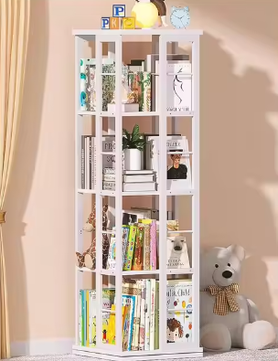 Roterende 360° Hoekboekenplank – Vloerstaande Houten Boekenkast met 4 Niveaus, Draaibaar Displayrek voor Woonkamer, Slaapkamer of Kantoor