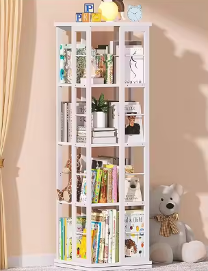 Roterende 360° Hoekboekenplank – Vloerstaande Houten Boekenkast met 4 Niveaus, Draaibaar Displayrek voor Woonkamer, Slaapkamer of Kantoor