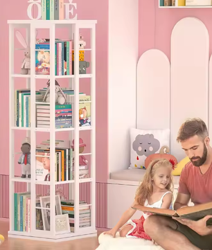 Roterende 360° Hoekboekenplank – Vloerstaande Houten Boekenkast met 4 Niveaus, Draaibaar Displayrek voor Woonkamer, Slaapkamer of Kantoor
