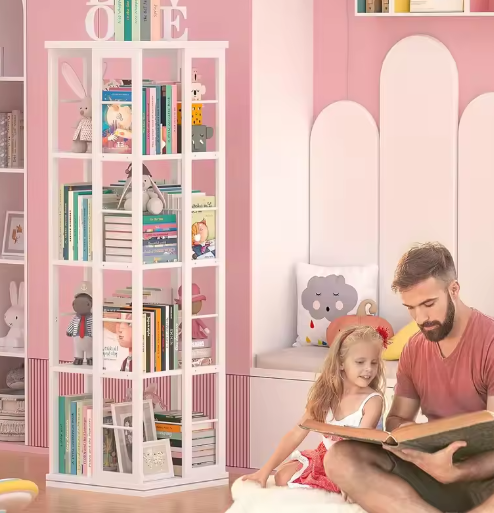 Roterende 360° Hoekboekenplank – Vloerstaande Houten Boekenkast met 4 Niveaus, Draaibaar Displayrek voor Woonkamer, Slaapkamer of Kantoor