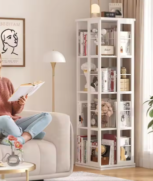 Roterende 360° Hoekboekenplank – Vloerstaande Houten Boekenkast met 4 Niveaus, Draaibaar Displayrek voor Woonkamer, Slaapkamer of Kantoor