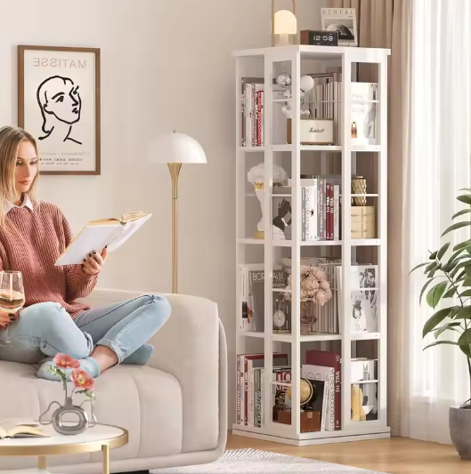 Roterende 360° Hoekboekenplank – Vloerstaande Houten Boekenkast met 4 Niveaus, Draaibaar Displayrek voor Woonkamer, Slaapkamer of Kantoor