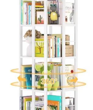 Roterende 360° Hoekboekenplank – Vloerstaande Houten Boekenkast met 4 Niveaus, Draaibaar Displayrek voor Woonkamer, Slaapkamer of Kantoor
