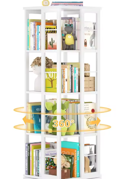 Roterende 360° Hoekboekenplank – Vloerstaande Houten Boekenkast met 4 Niveaus, Draaibaar Displayrek voor Woonkamer, Slaapkamer of Kantoor