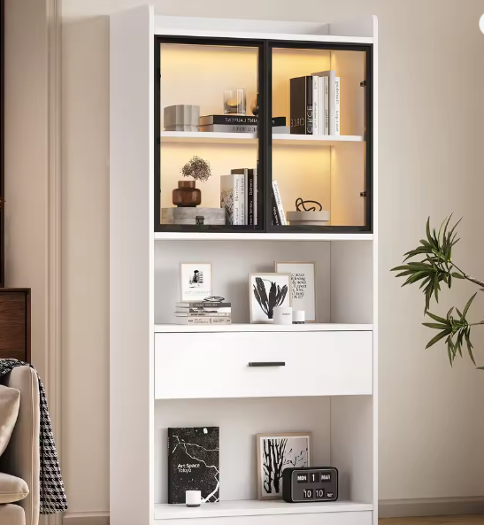 Curiosavitrinekast met LED-licht – Boekenplankvitrine met glazen deuren, opberg- en displaykast voor woonkamer en kantoor