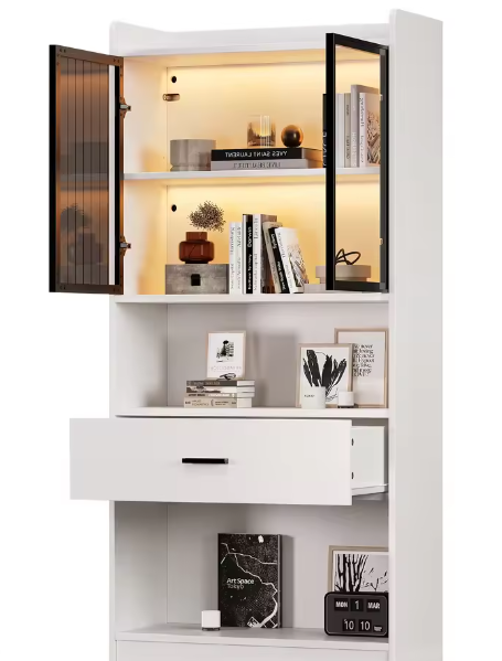 Curiosavitrinekast met LED-licht – Boekenplankvitrine met glazen deuren, opberg- en displaykast voor woonkamer en kantoor