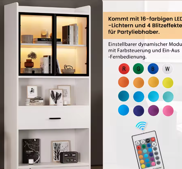 Curiosavitrinekast met LED-licht – Boekenplankvitrine met glazen deuren, opberg- en displaykast voor woonkamer en kantoor