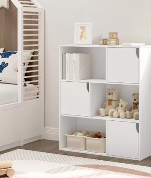 Witte boekenkast met 3 deuren en 6 compartimenten – Kinderboekenkast en opbergrek voor woonkamer, slaapkamer of kantoor