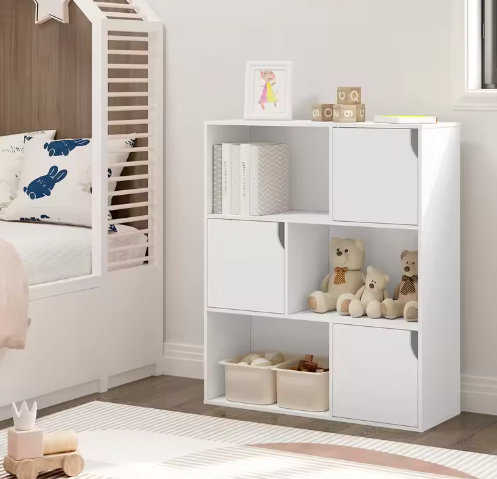 Witte boekenkast met 3 deuren en 6 compartimenten – Kinderboekenkast en opbergrek voor woonkamer, slaapkamer of kantoor