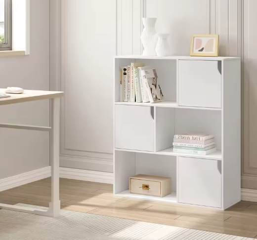 Witte boekenkast met 3 deuren en 6 compartimenten – Kinderboekenkast en opbergrek voor woonkamer, slaapkamer of kantoor
