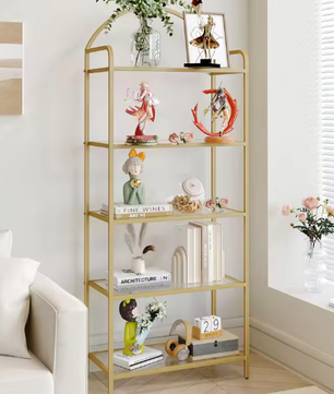 Boekenkast met 5 Planken van Gehard Glas – Slanke Gouden Opbergkast met Stalen Frame, Modern Design voor Slaapkamer, Badkamer of Kantoor, 30x60x150 cm