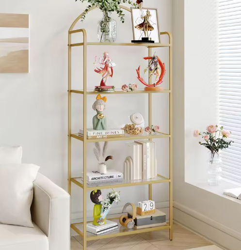 Boekenkast met 5 Planken van Gehard Glas – Slanke Gouden Opbergkast met Stalen Frame, Modern Design voor Slaapkamer, Badkamer of Kantoor, 30x60x150 cm