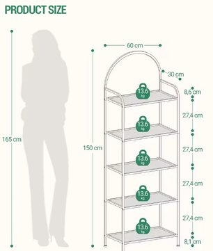 Boekenkast met 5 Planken van Gehard Glas – Slanke Gouden Opbergkast met Stalen Frame, Modern Design voor Slaapkamer, Badkamer of Kantoor, 30x60x150 cm