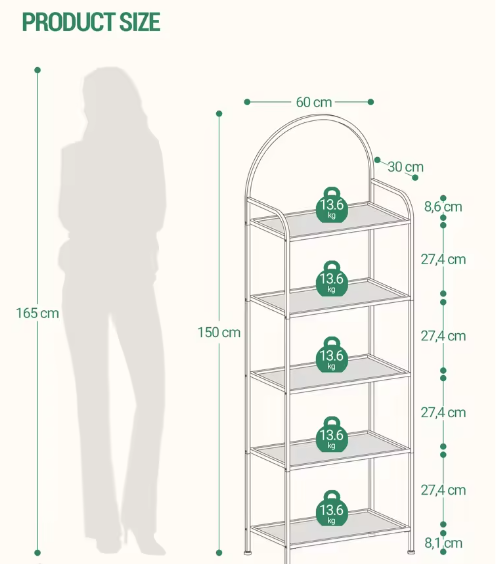 Boekenkast met 5 Planken van Gehard Glas – Slanke Gouden Opbergkast met Stalen Frame, Modern Design voor Slaapkamer, Badkamer of Kantoor, 30x60x150 cm