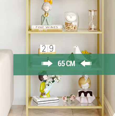 Boekenkast met 5 Planken van Gehard Glas – Slanke Gouden Opbergkast met Stalen Frame, Modern Design voor Slaapkamer, Badkamer of Kantoor, 30x60x150 cm