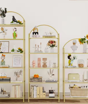 Boekenkast met 5 Planken van Gehard Glas – Slanke Gouden Opbergkast met Stalen Frame, Modern Design voor Slaapkamer, Badkamer of Kantoor, 30x60x150 cm