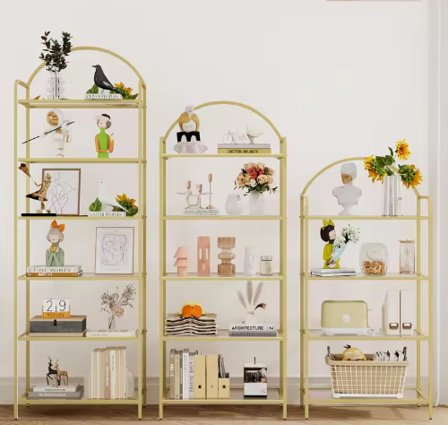 Boekenkast met 5 Planken van Gehard Glas – Slanke Gouden Opbergkast met Stalen Frame, Modern Design voor Slaapkamer, Badkamer of Kantoor, 30x60x150 cm