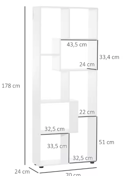 Moderne Witte Boekenkast met 8 Planken – Hoge Verticale Opbergkast van E1 Spaanplaat met Melamine Afwerking, 70x24x178 cm