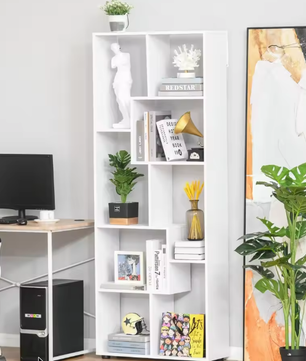 Moderne Witte Boekenkast met 8 Planken – Hoge Verticale Opbergkast van E1 Spaanplaat met Melamine Afwerking, 70x24x178 cm