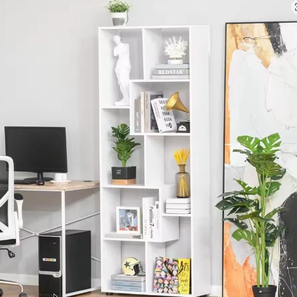 Moderne Witte Boekenkast met 8 Planken – Hoge Verticale Opbergkast van E1 Spaanplaat met Melamine Afwerking, 70x24x178 cm