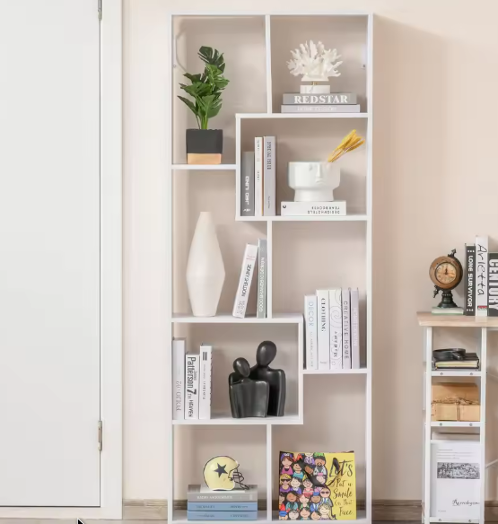 Moderne Witte Boekenkast met 8 Planken – Hoge Verticale Opbergkast van E1 Spaanplaat met Melamine Afwerking, 70x24x178 cm