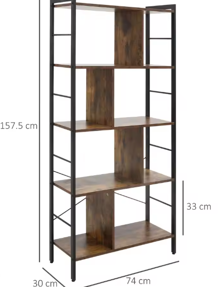 Industriële Boekenkast met 4 Niveaus – Houten Planken en Stalen Frame, Stevig Opbergrek voor Woonkamer of Kantoor, 74x30x157,5 cm
