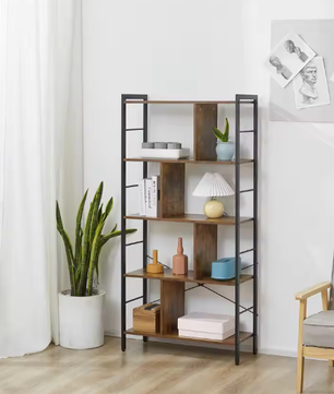 Industriële Boekenkast met 4 Niveaus – Houten Planken en Stalen Frame, Stevig Opbergrek voor Woonkamer of Kantoor, 74x30x157,5 cm