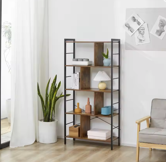 Industriële Boekenkast met 4 Niveaus – Houten Planken en Stalen Frame, Stevig Opbergrek voor Woonkamer of Kantoor, 74x30x157,5 cm