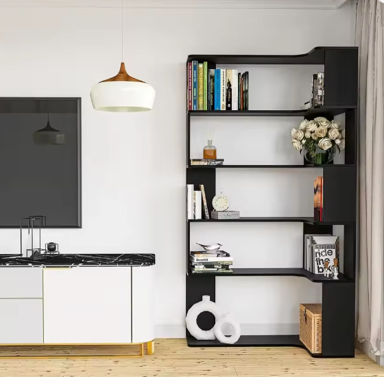Hoekboekenplank met 5 Lagen – Massief Hout, Open Opbergkast met LED-Lichtstrip, Moderne Multifunctionele Plank voor Woonkamer of Studeerkamer, 90x48x169 cm