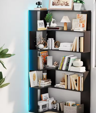 Hoekboekenplank met 5 Lagen – Massief Hout, Open Opbergkast met LED-Lichtstrip, Moderne Multifunctionele Plank voor Woonkamer of Studeerkamer, 90x48x169 cm