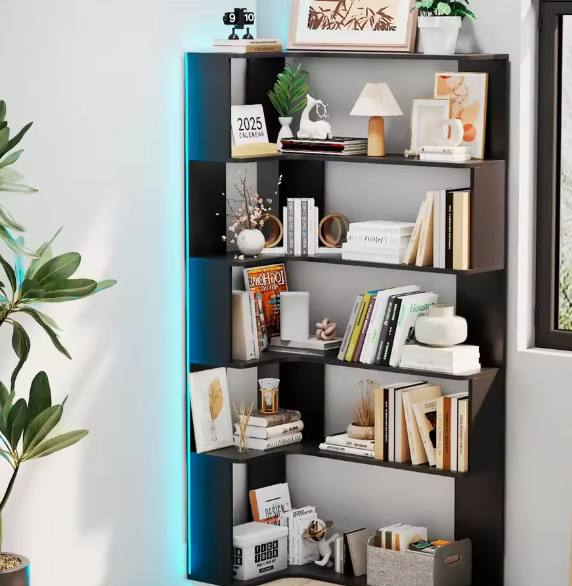 Hoekboekenplank met 5 Lagen – Massief Hout, Open Opbergkast met LED-Lichtstrip, Moderne Multifunctionele Plank voor Woonkamer of Studeerkamer, 90x48x169 cm