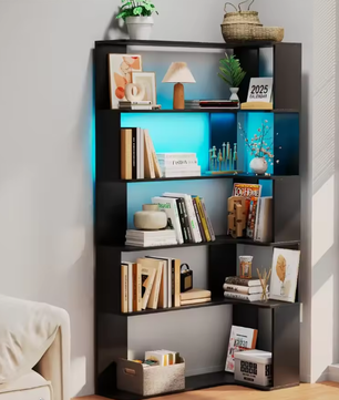 Hoekboekenplank met 5 Lagen – Massief Hout, Open Opbergkast met LED-Lichtstrip, Moderne Multifunctionele Plank voor Woonkamer of Studeerkamer, 90x48x169 cm