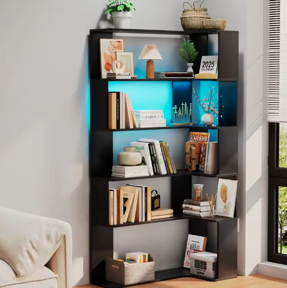 Hoekboekenplank met 5 Lagen – Massief Hout, Open Opbergkast met LED-Lichtstrip, Moderne Multifunctionele Plank voor Woonkamer of Studeerkamer, 90x48x169 cm