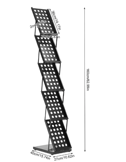 Opvouwbaar Tijdschriftenrek met 5 Lagen – IJzeren Displaystandaard voor Kantoor, Bibliotheek of Beurs, 40x27x160 cm