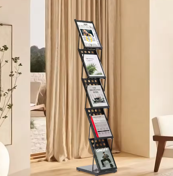 Opvouwbaar Tijdschriftenrek met 5 Lagen – IJzeren Displaystandaard voor Kantoor, Bibliotheek of Beurs, 40x27x160 cm