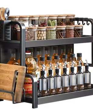 2-Laags Kruidenrek met Haken & Snijplankhouder – Staande Keuken Organizer, Zwart
