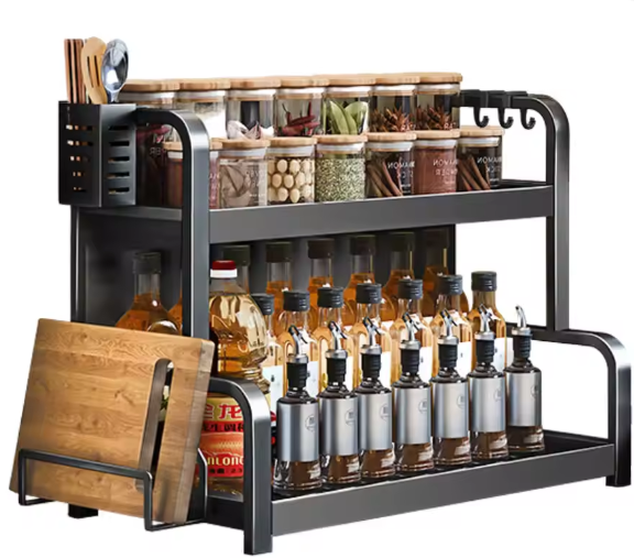 2-Laags Kruidenrek met Haken & Snijplankhouder – Staande Keuken Organizer, Zwart