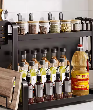 2-Laags Kruidenrek met Haken & Snijplankhouder – Staande Keuken Organizer, Zwart