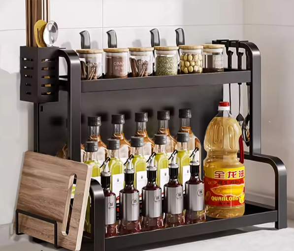 2-Laags Kruidenrek met Haken & Snijplankhouder – Staande Keuken Organizer, Zwart