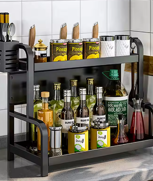 2-Laags Kruidenrek met Haken & Snijplankhouder – Staande Keuken Organizer, Zwart