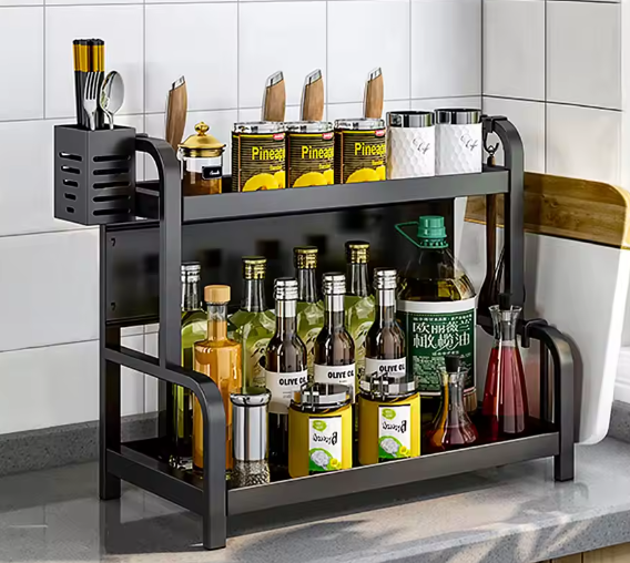 2-Laags Kruidenrek met Haken & Snijplankhouder – Staande Keuken Organizer, Zwart