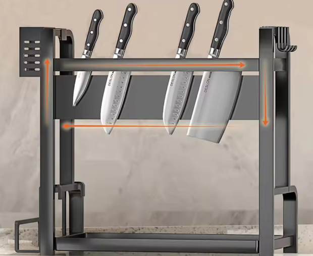 2-Laags Kruidenrek met Haken & Snijplankhouder – Staande Keuken Organizer, Zwart