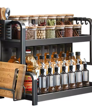 2-Laags Kruidenrek met Haken & Snijplankhouder – Staande Keuken Organizer, Zwart