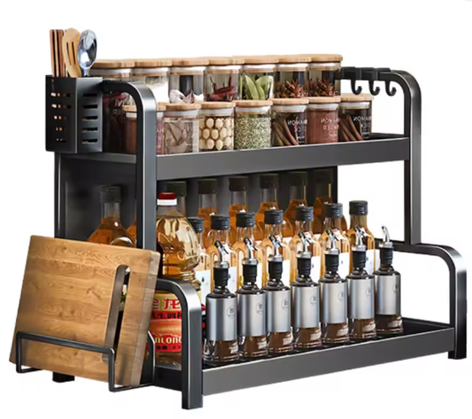 2-Laags Kruidenrek met Haken & Snijplankhouder – Staande Keuken Organizer, Zwart