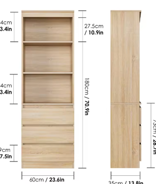 Hoge Boekenkast met 3 Lades & 3 Planken – Vrijstaande Opbergkast 60x35x180 cm