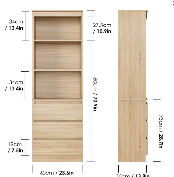 Hoge Boekenkast met 3 Lades & 3 Planken – Vrijstaande Opbergkast 60x35x180 cm