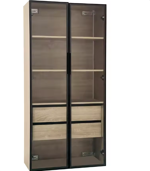 Lazyspace Boekenkast met 2 Glazen Deuren & 2 Lades – Vloer- of Muurkast met LED