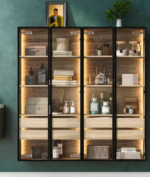 Lazyspace Boekenkast met 2 Glazen Deuren & 2 Lades – Vloer- of Muurkast met LED