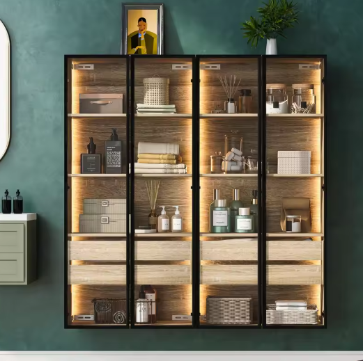 Lazyspace Boekenkast met 2 Glazen Deuren & 2 Lades – Vloer- of Muurkast met LED