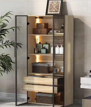 Lazyspace Boekenkast met 2 Glazen Deuren & 2 Lades – Vloer- of Muurkast met LED